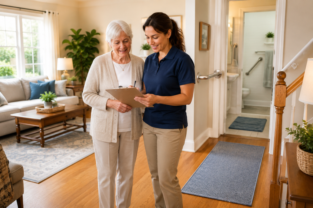 Older woman reviewing a home safety checklist with a caregiver in a safe, well-lit home