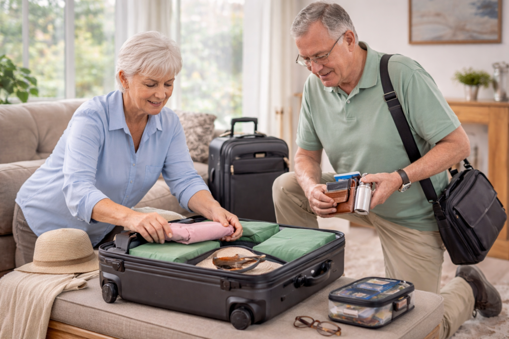 Older couple packing a suitcase with travel organizers and accessories for an article about easier senior travel