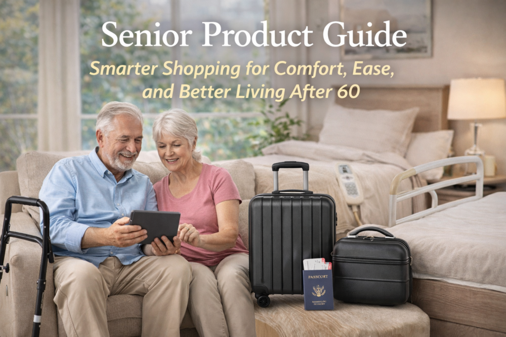 Older couple using a tablet in a comfortable room with luggage, walker, and adjustable bed for a senior product guide article