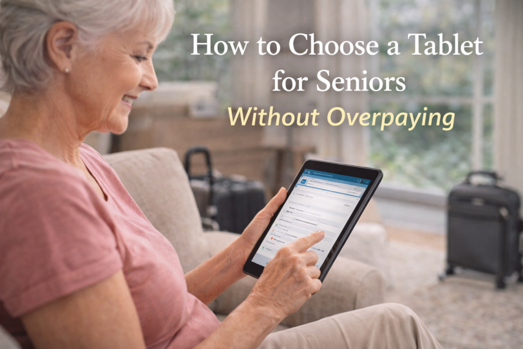 Older woman using a tablet at home for a senior tablet buying guide about choosing the right tablet without overpaying